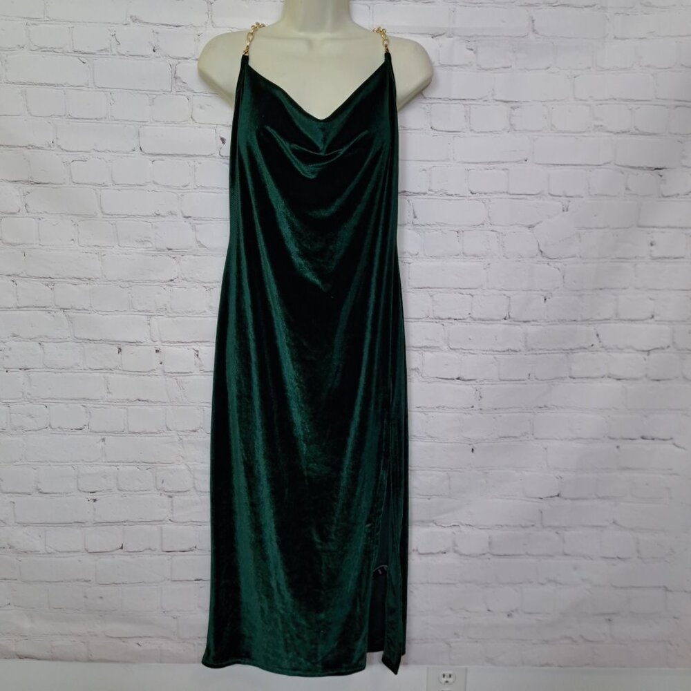 Cider Chain Halter Green Velvet Slit Dress Size XL